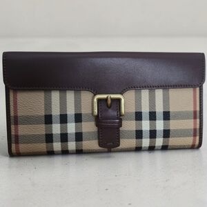 Burberry Haymarket Nova Check Bifold Wallet Brown Leather Gold Buckle Italy